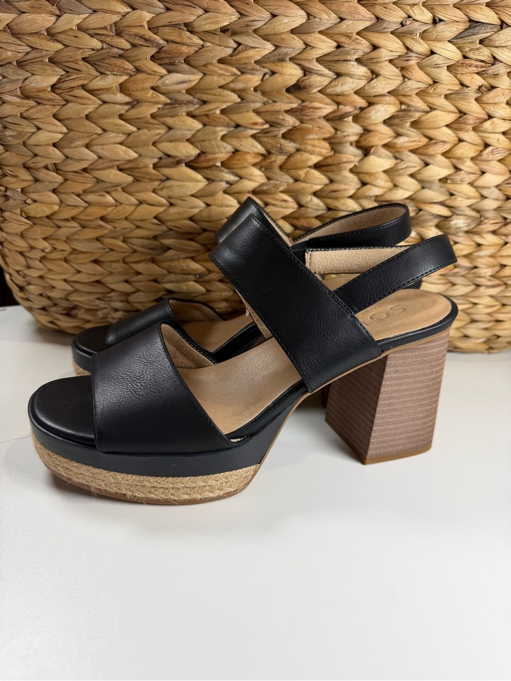 Naturalizer Black Platform Block Heel Sandals with Espadrille Trim - wide width